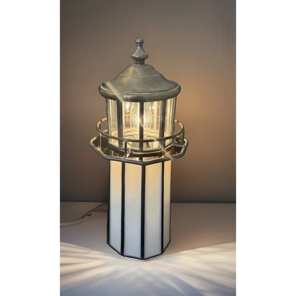 Vintage LG Leaded Slag Glass Lighthouse Accent Table Lamp Nautical Decor 12.5